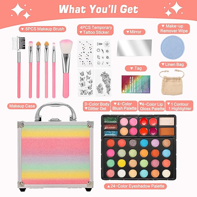 Anpro All-In-One Makeup Carry Case with Pro Teen Makeup Set, Full Starter Cosmetics Kit with Makeup Brushes, Eye Shadows Palette, Blushes, Glitter Gel, Temporary Tattoo Stickers - Colorful-BrightBean Baby