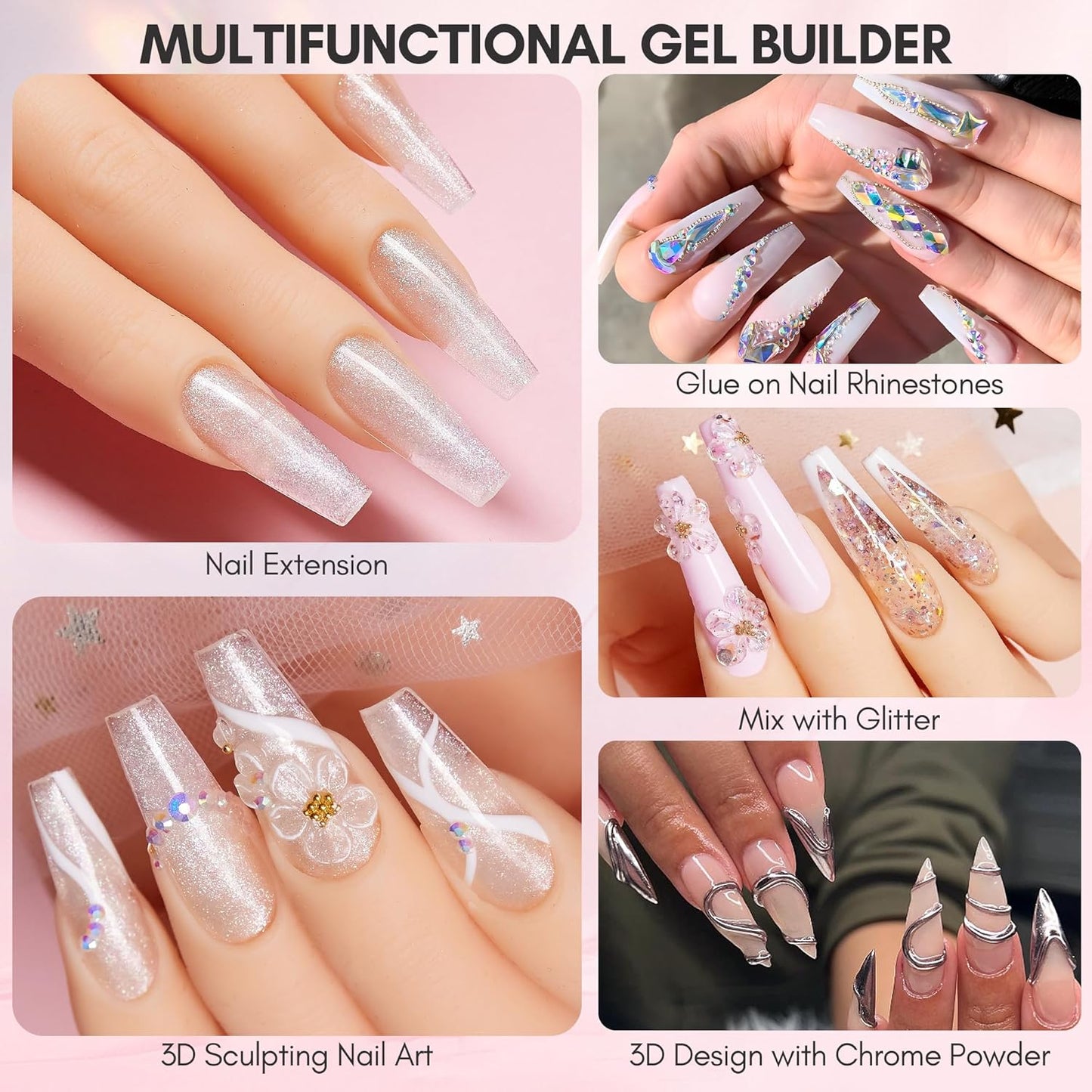 Makartt 3D Nail Gel Art for Nails Starter Kit: 4 Colors 3D Sculpting DIY Manicure Solid Gel Builder Clear and Shimmers for Extension, Molding Hard Gels with Silicone Flower Molds Sculpture Brush-BrightBean Baby