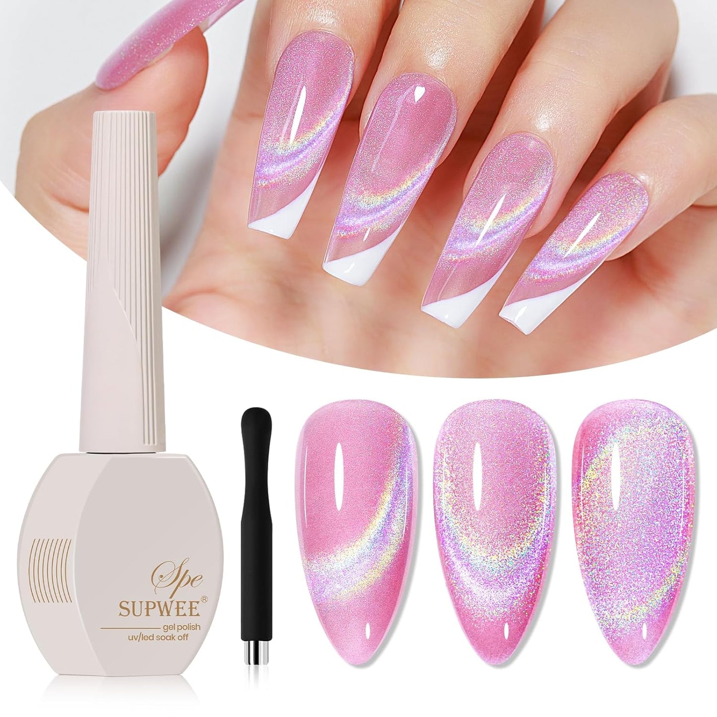 Pink Rainbow Cat Eye Gel Nail Polish Glitter Holographic Gel Polish with Magnetic Stick for a Glittery Iridescent Galaxy Effect Soak Off UV Lamp Perfect for Nail Art & DIY Manicures at Home-BrightBean Baby