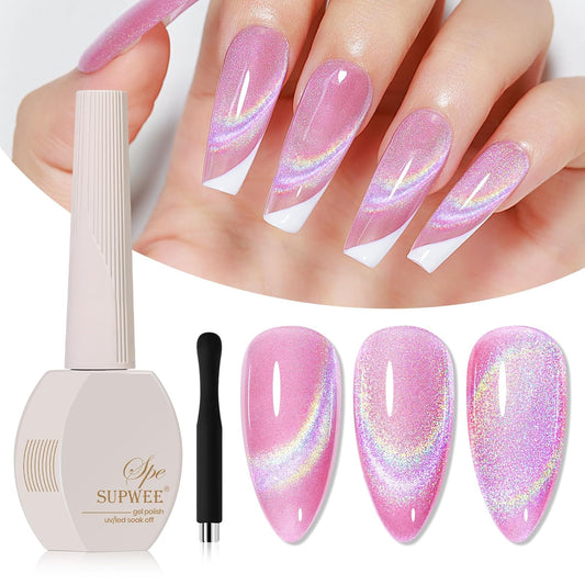 Pink Rainbow Cat Eye Gel Nail Polish Glitter Holographic Gel Polish with Magnetic Stick for a Glittery Iridescent Galaxy Effect Soak Off UV Lamp Perfect for Nail Art & DIY Manicures at Home-BrightBean Baby