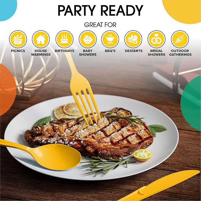 Party Solids Yellow Plastic Silverware Heavy Duty 300 Pieces Yellow Plastic Cutlery Sets, Utensil Sets, 100 Of Each Forks, Knives & Spoons Disposable Cutlery Set, Flatware Set For Party Supplies