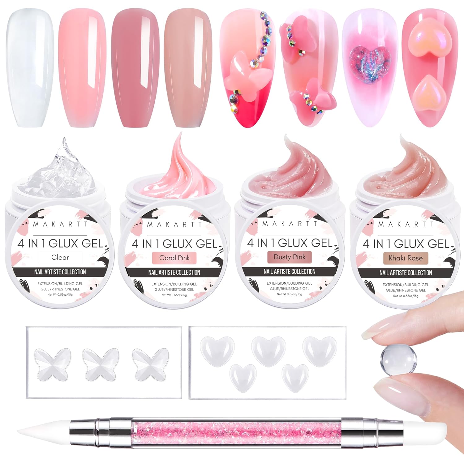 Makartt 3D Nail Gel Art: 3D Sculpting Gel Carving DIY Manicure,Solid Gels Builder for Nails Starter Kit, Clear Nude Pink 4 Colors for Extension, Molding Hard Gels with Silicone Molds Sculpture Brush-BrightBean Baby