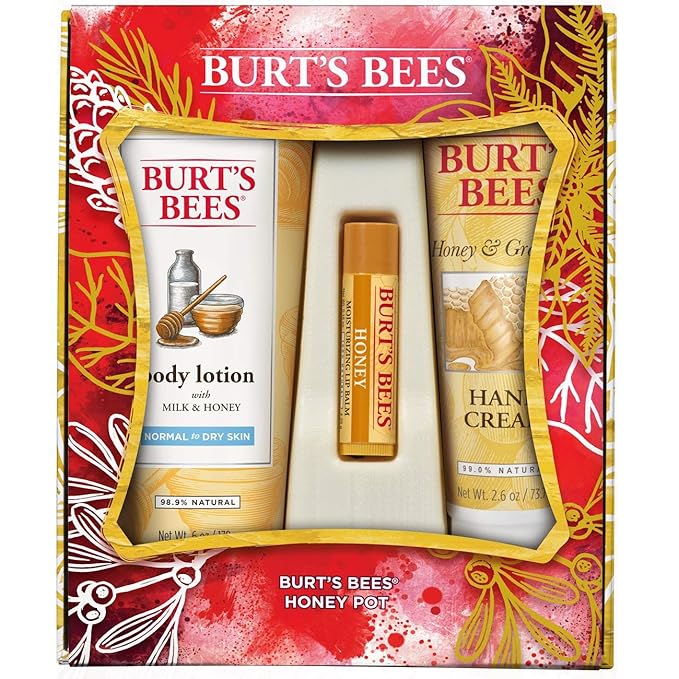 Burt's Bees Honey Pot Gift Set, 3 Honey Skin Care Products - Milk & Honey Body Lotion, Honey & Grapeseed Hand Cream and Honey Lip Balm-BrightBean Baby