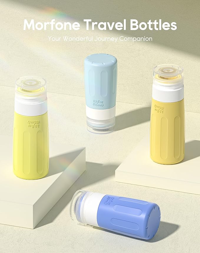 Morfone 16 Pack Silicone Travel Bottles Set for Toiletries TSA Approved Travel Containers Leakproof Squeezable Refillable Accessories 2oz 3oz for Shampoo Conditioner Lotion Liquids (Yellow Blue)-BrightBean Baby
