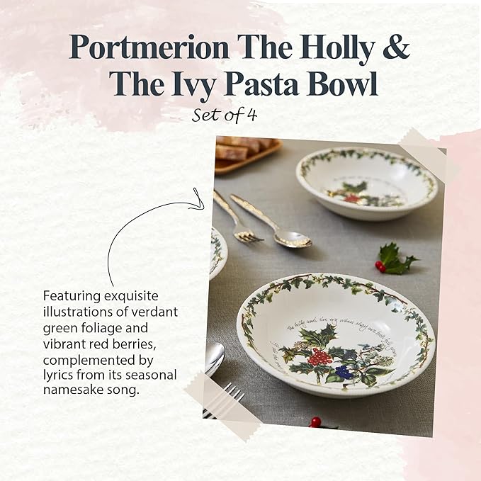 Portmeirion Holly and Ivy 8.5-Inch Pasta Bowls (Set of 4) - Holiday Earthenware for Christmas Feasts, Ideal for Serving Salad, Soups, Desserts - Microwave, Dishwasher Safe - Seasonal Tableware