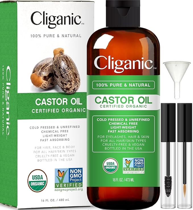 Cliganic USDA Organic Castor Oil, 100% Pure (16oz with Eyelash Kit) - For Eyelashes, Eyebrows, Hair & Skin | Bulk, Natural Cold Pressed Unrefined Hexane-Free | DIY Carrier Oil-BrightBean Baby