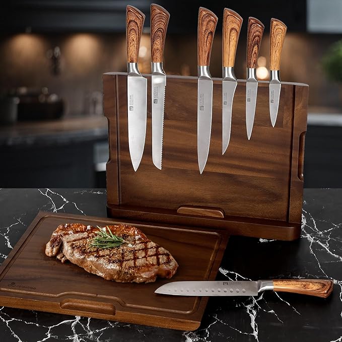 2 - in - 1 Magnetic Knife Block Holder with 16"x11" Cutting Board, Crafted from Premium Natural Rain Wood, Exquisitely Made with Elegant Design, Ideal for Efficient Kitchen Knife Storage