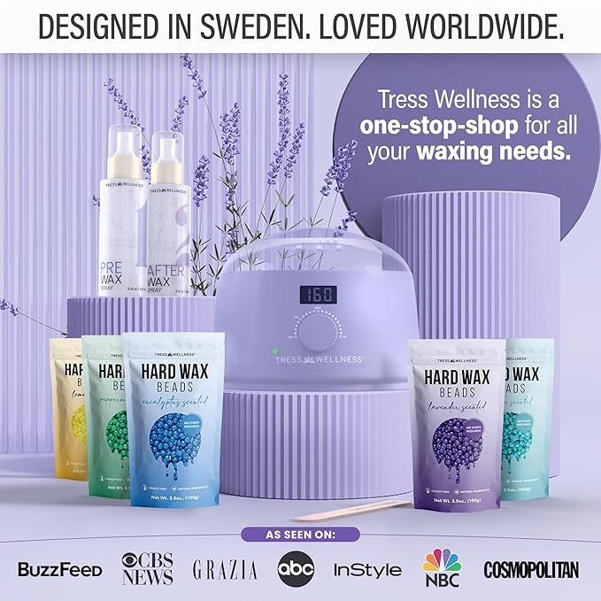 Tress Wellness Waxing Kit for Sensitive Skin – Safe for Face & Skin, Prep & Aftercare Spray, Easy to Use – At-Home Kit for Face, Bikini, Brazilian & Full Body - Digital Display, Pink-BrightBean Baby