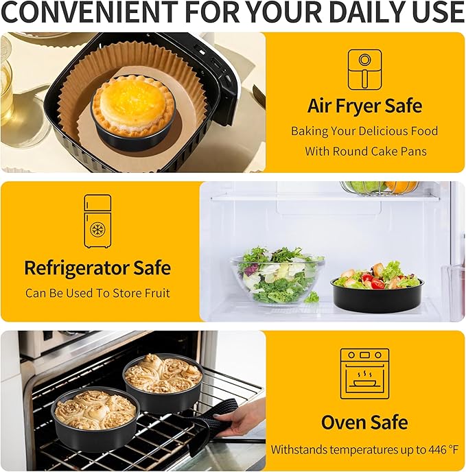 P&P CHEF Cake Pan Set of 3, Non-Stick Round Baking Cake Pans Tins for Tier Smash Cakes, Non-Toxic & Solid, Stainless Steel Core & Leak-Proof, 6 Inch