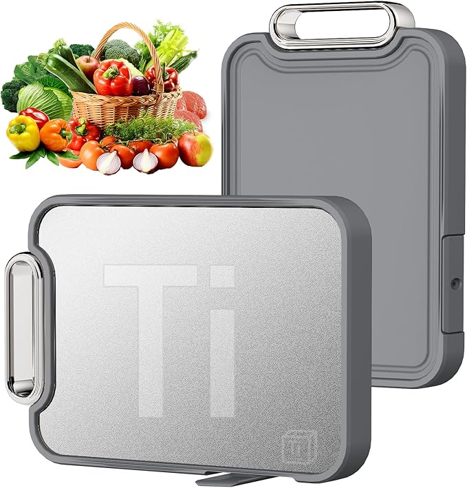Titanium Cutting Board for Kitchen, Cutting Boards Non Toxic Double Sided Metal Pure Titanium and Wheat Straw PP Chopping Board Food Grade Easy to Clean Large Size 16"*10"*0.9"(Grey)