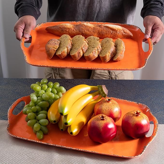 Melamine Serving Tray with Handles, 19“ x 12" Vintage Large Rectangular Melamine Serving Platter for Serving Food, Serving Tray Set of 2, Dishwasher Safe, Orange