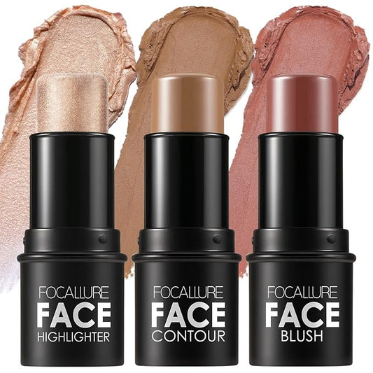 FOCALLURE 3 Pcs Cream Contour Sticks,Shades with Highlighter & Bronzer & Blush,Non-greasy Long-wear Face Contouring Pen,Easy to Sculpt the Face and Create a Lightweight Finishing Makeup,MEDIUM-BrightBean Baby