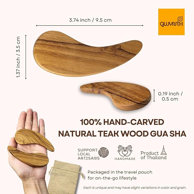 Teak Wood Gua Sha Facial Tool for Face and Body Massage, Anti-Aging Reduce Puffiness Wrinkles Shape Jawline Skincare Routine Treatment, Wooden Gua Sha Massager with Travel Pouch for Gift Set-BrightBean Baby