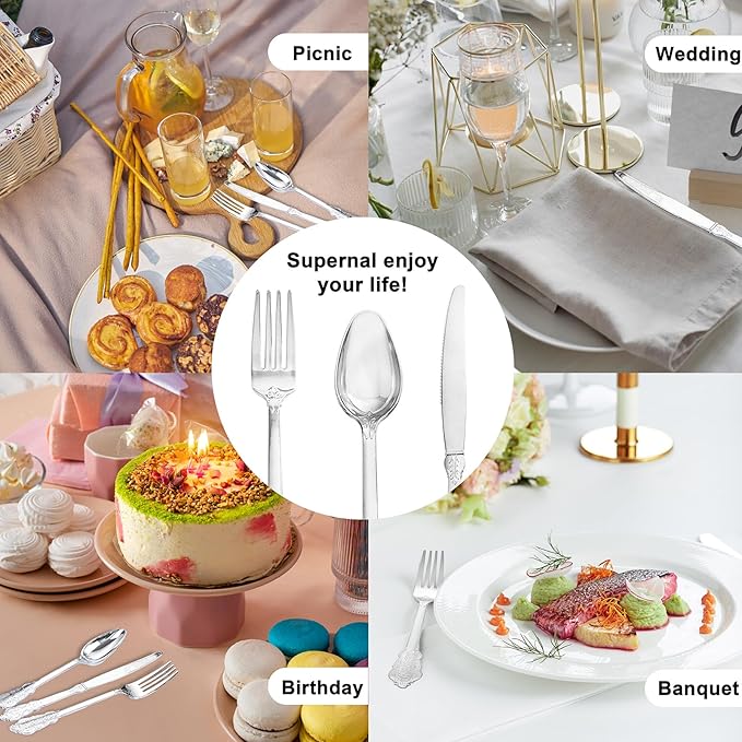 Liacere 400PCS Silver Plastic Silverware - Pre Rolled Napkins Disposable Silver Cutlery-Premium Quality Gold Plastic Utensils - Includes 100Forks,100Knives,100Spoons,100Napkins&Christmas