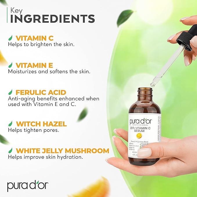 PURA D'OR 20% Vitamin C Serum 4 Oz - Lightweight Maximum Strength Formula - Retinol, Hyaluronic Acid, Ferulic Acid - Professional Grade Treatment For Face & Eyes, Wrinkles - Men & Women-BrightBean Baby