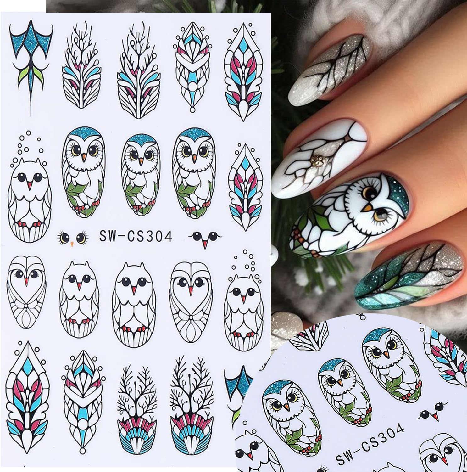 4pcs Christmas Nails Stickers Silver Glitter Leaves Line Owl Nail Art Design 3D Self-Adhesive Nail Decals Xmas Nail Sticker DIY Autumn Winter Manicure Art Supplies Decoration Accessories-BrightBean Baby