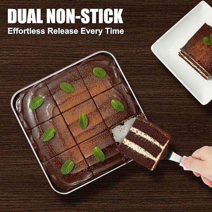 BEWOS 102 PCS 8-Inch Square Cake Pan Set - Includes 100 Baking Parchment Papers, Double Non-Stick Stainless Steel Cake Pans, Baking Pan for Brownie Cakes, Mirror Polished & Dishwasher Safe