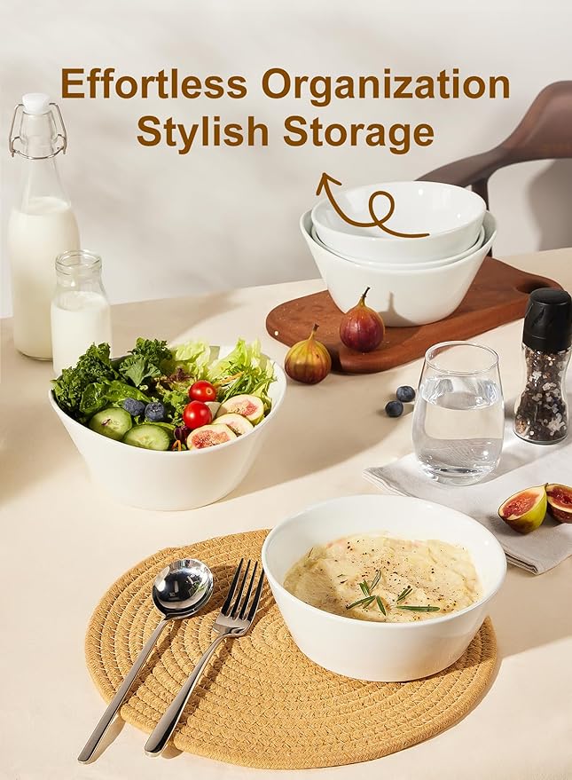 Yedio 32 OZ Large Soup Bowls Set of 4 – White Porcelain Bowls for Ramen, Cereal, Salad, Pasta, Oatmeal & More – Microwave, Dishwasher, Oven & Freezer Safe