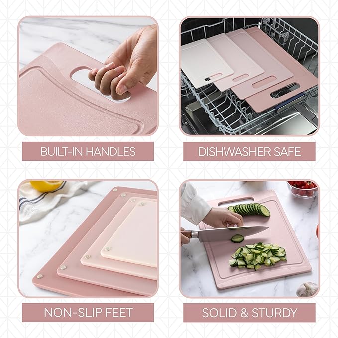 COOK WITH COLOR Non-Slip Cutting Board Set – Kitchen Essentials with Easy Grip Handle for Meat, Veggies, and Fruits, 4 Cutting Boards, Pink
