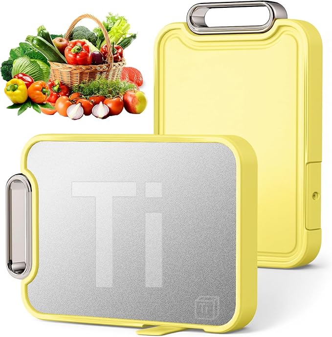 Titanium Cutting Board for Kitchen, Cutting Boards Non Toxic Double Sided Metal Pure Titanium and Wheat Straw PP Chopping Board Food Grade Easy to Clean Large Size 16"*10"*0.9"(Yellow)