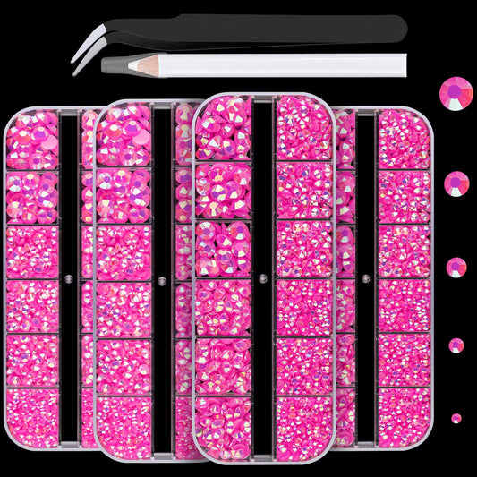 7000PCS Resin Rhinestones with Tweezers for Crafting, 2/3/4/5/6mm Flatback Jelly Rhinestones, 4 Box Hot Pink AB Non Hotfix Crystal Gems for DIY Crafts Mugs Tumblers Clothes Makeup Nail-BrightBean Baby