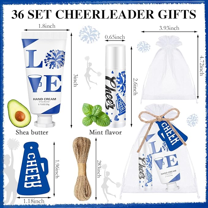144 Pcs Blue Cheer Favors Natural Bulk Lip Balm and Hand Cream Set, Include 36 Lip Balm 36 Moisturizing Hand Cream 36 Bags 36 Card and Rope cheer accessories for Team Sports Party Supplies-BrightBean Baby
