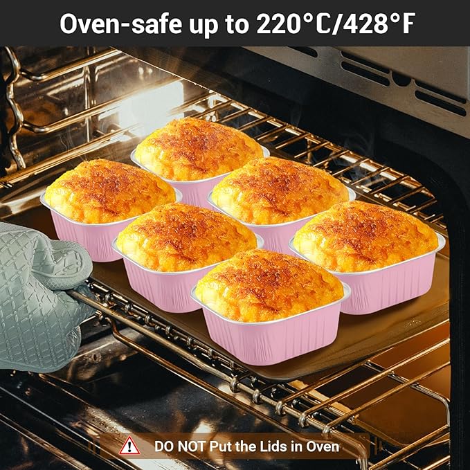 EUSOAR Cupcake Liner, 50pcs 10oz Pink Foil Mini Flan with Lids, Loaf Pans Aluminium Tins for Baking, Disposable Creme Brulee Cups Dessert Containers for Pie Souffle, Cake Holder for Party Serving