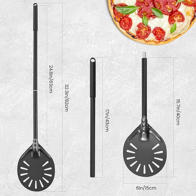 6” Pizza Turning Peel - Extra Long Handle Pizza Turner - Restaurant-Grade Aluminum Perforated Pizza Peel Lightweight Metal Outdoor Pizza Oven Accessories