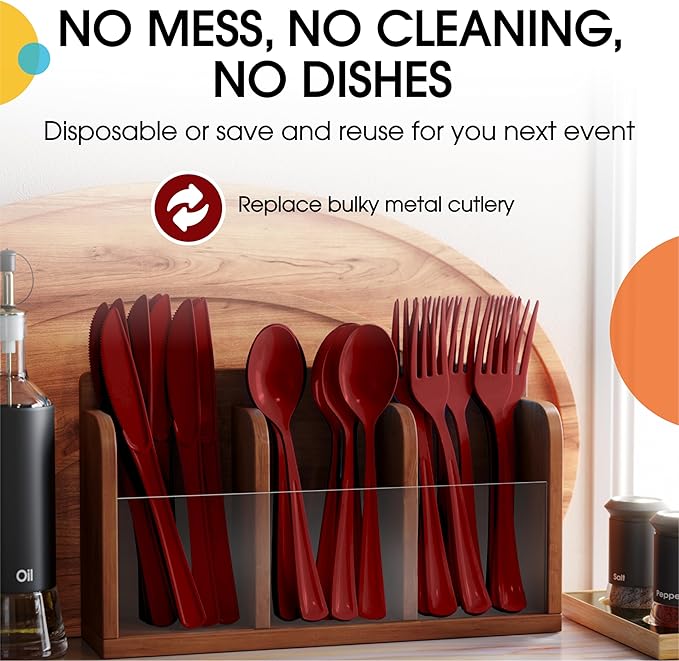 Party Solids Burgundy Plastic Silverware Heavy Duty 300 Pieces Burgundy Plastic Cutlery Sets, Utensil Sets, 100 Of Each Forks, Knives & Spoons Disposable Cutlery Set, Flatware Set For Party Supplies