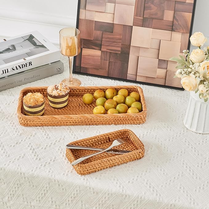 Rectangular Rattan Tray, Long Woven Tray Rectangle Tray, Flat Rattan Serving Tray for Breakfast, Drinks, Snacks(15.75''x6.69''x1.57'')