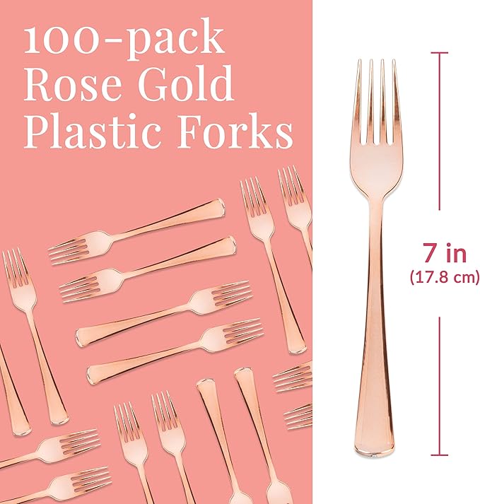 Prestee Set of 100 Rose Gold Plastic Forks Disposable - 7-in Heavy-Duty Fork Flatware - Bulk Pack Fancy Silverware - Sturdy Pink Cutlery for Weddings, Birthday Parties, Buffets, Catering and Events