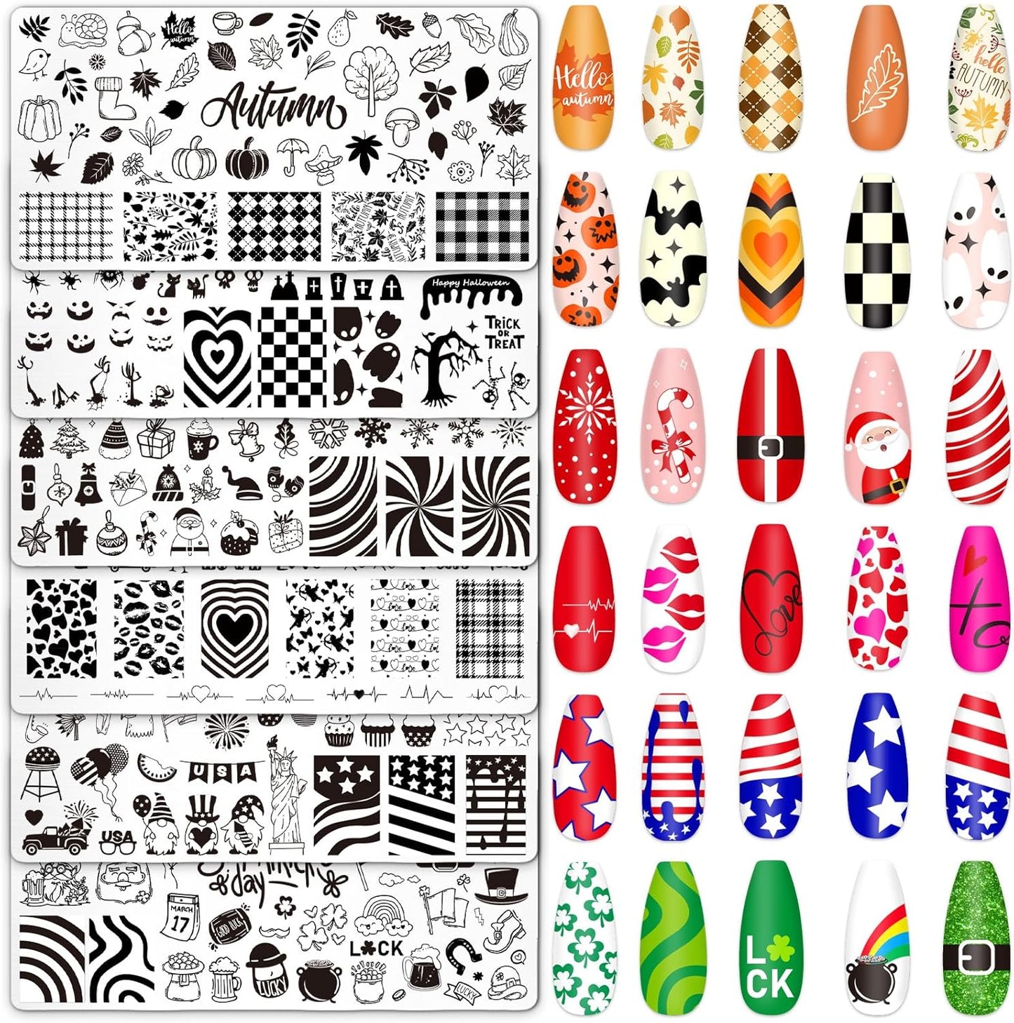 Whaline 6Pcs All Holiday Nail Art Plates Valentines StampTemplates Set Winter Christmas Fall Nail Plates Stamping for Xmas DIY Print Manicure Salon Design Gift-BrightBean Baby