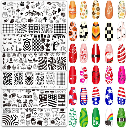 Whaline 6Pcs All Holiday Nail Art Plates Valentines StampTemplates Set Winter Christmas Fall Nail Plates Stamping for Xmas DIY Print Manicure Salon Design Gift-BrightBean Baby
