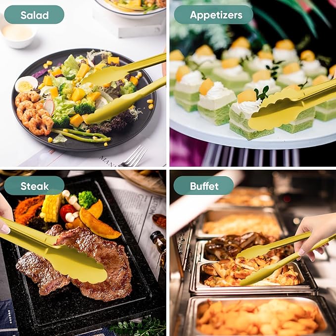 Gold Buffet Tongs 9'' Inches Serving Tongs Heavy Duty Stainless steel Kitchen and BBQ Utility Tong Pack of 12 (Gold, 9inch)