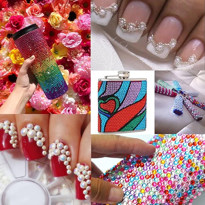 Flat Back Rhinestone+Half Round Pearl Kits Colorful Rhinestones+White AB&Beige AB Pearls With Quick Dry Makeup Glue+Picker Pencil+Tweezer For Nail Art And Face Make-up-BrightBean Baby