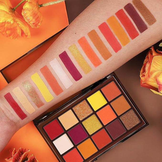 UCANBE Orange Eyeshadow Makeup Palette, 15 Colors Vibrant Shimmer Matte Glitter Eye Shadow Pallet, High Pigmented Warm Yellow Sunset Red Coral for Fall Cosplay Halloween Costume Parties Pumpkin Makeup-BrightBean Baby