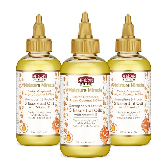African Pride Moisture Miracle 5 Essential Hair Oils with Vitamin E (Pack of 3) | Moisture, Shine, Protection, and Growth | Argan, Castor, Grapeseed, Coconut, and Olive Oil | 4 oz-BrightBean Baby