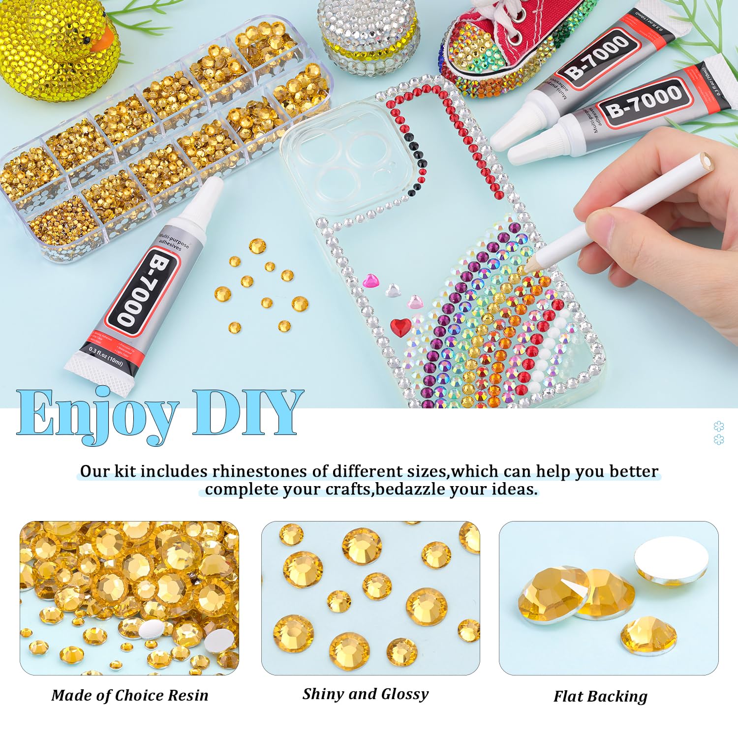 6000Pcs Resin Rhinestones for Bedazzling with 3Pcs B7000 Jewelry Glue, 1 Box Golden Flatback Rhinestones for Crafting Crafts DIY, Crystals Gems for Clothing Shoes Tumblers Nail Art Makeup-BrightBean Baby