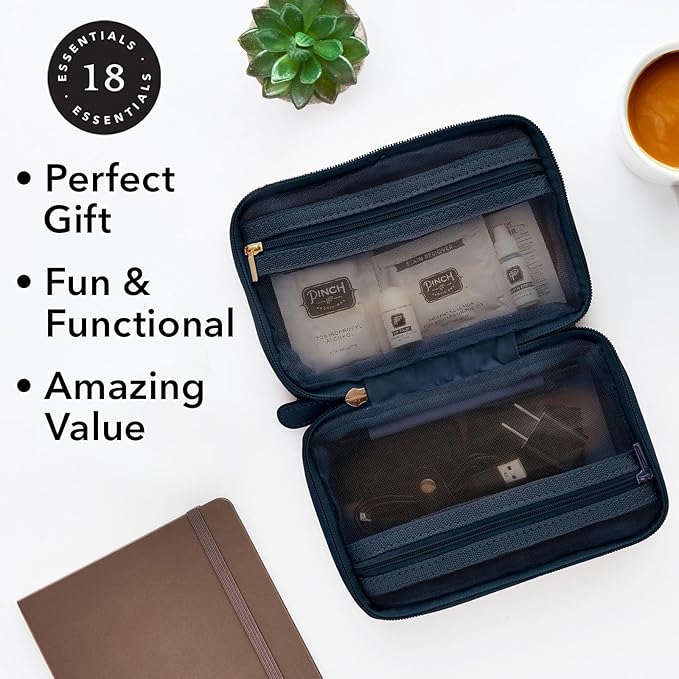 Pinch Provisions Work from Anywhere Kit, Includes 18 Essentials to Help You Stay on Task, Must-Have Essentials, Compact Multi-Functional Vegan Leather Pouch, Navy-BrightBean Baby