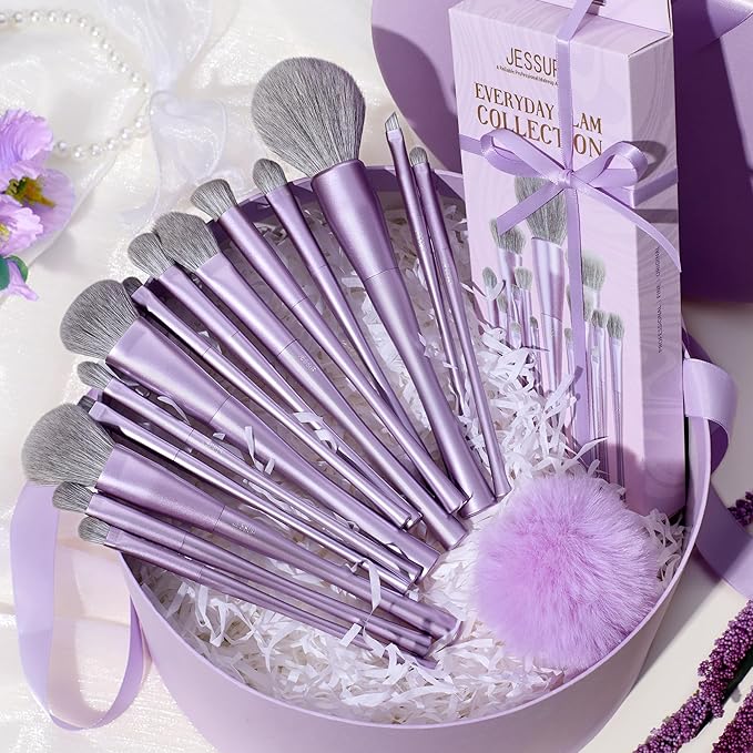 Jessup Makeup Brushes Set Professional 14pcs Vegan Make Up Brushes, Foundation Eyeshadow Concealer Contour Powder Blush Blending Eyeliner Brush, Premium Synthetic Fiber, Luxury Purple T512-BrightBean Baby