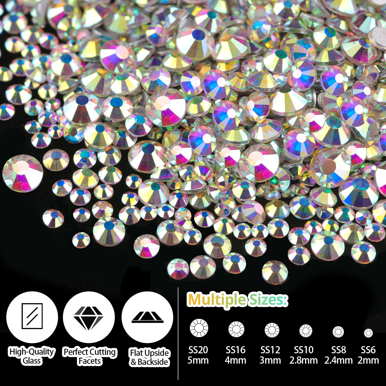 Rhinestones for Nails, Manicure Gem, Flatback Glass Crystal AB + Transparent Clear Gemstones and Colorful Resin Beads, 2-5mm Round Gems for Professional Salon DIY Nail Art with Pickup & Dotting Tools-BrightBean Baby