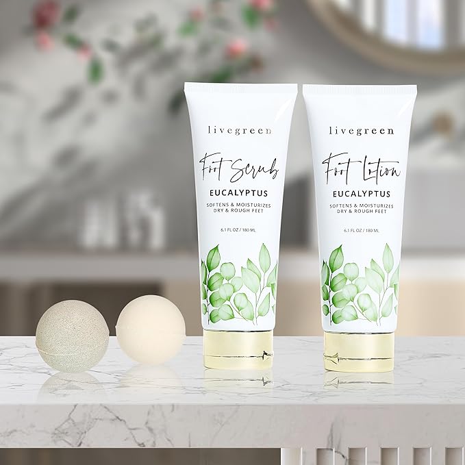 Live Green Foot Care Collection in Eucalyptus, Foot Spa Set with Sherpa Slippers, Foot Lotion (60ml), Foot Scrub (60ml) and 2 Bath Bombs (80 grams each)-BrightBean Baby