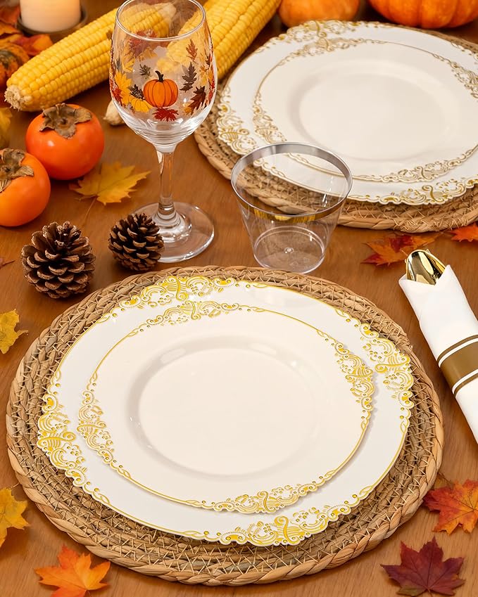 Nervure 350PCS Ivory Plastic Plates - Ivory Gold Plastic Dinnerware Sets for 50 Guests - 100 Gold Disposable Plates, 50 Pre Rolled Silverware Sets, 50 Cups Perfect for Wedding & Thanksgiving