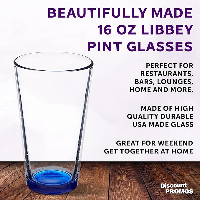 Libbey Pint Glass 16 oz. Set of 10, Bulk Pack - Beer Glasses, Heavy Duty Drinkware - Blue