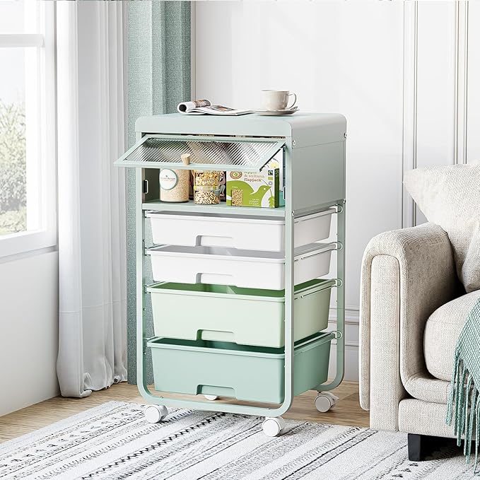 Utility-Rolling-Storage-Drawer-Craft-Cart-Organizers with 4 Drawers & Dust-proof Door for Kid Craft Art Room,Bedroom,Home Office, 4 Tiers Drawer cart, Green-BrightBean Baby