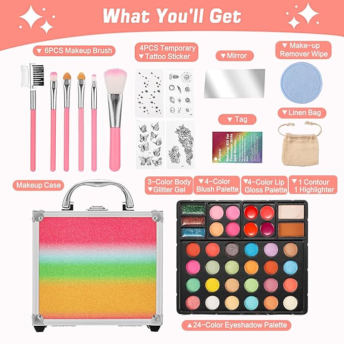 Anpro All-In-One Makeup Carry Case with Pro Teen Makeup Set, Full Starter Cosmetics Kit with Makeup Brushes, Eye Shadows Palette, Blushes, Glitter Gel, Temporary Tattoo Stickers-BrightBean Baby