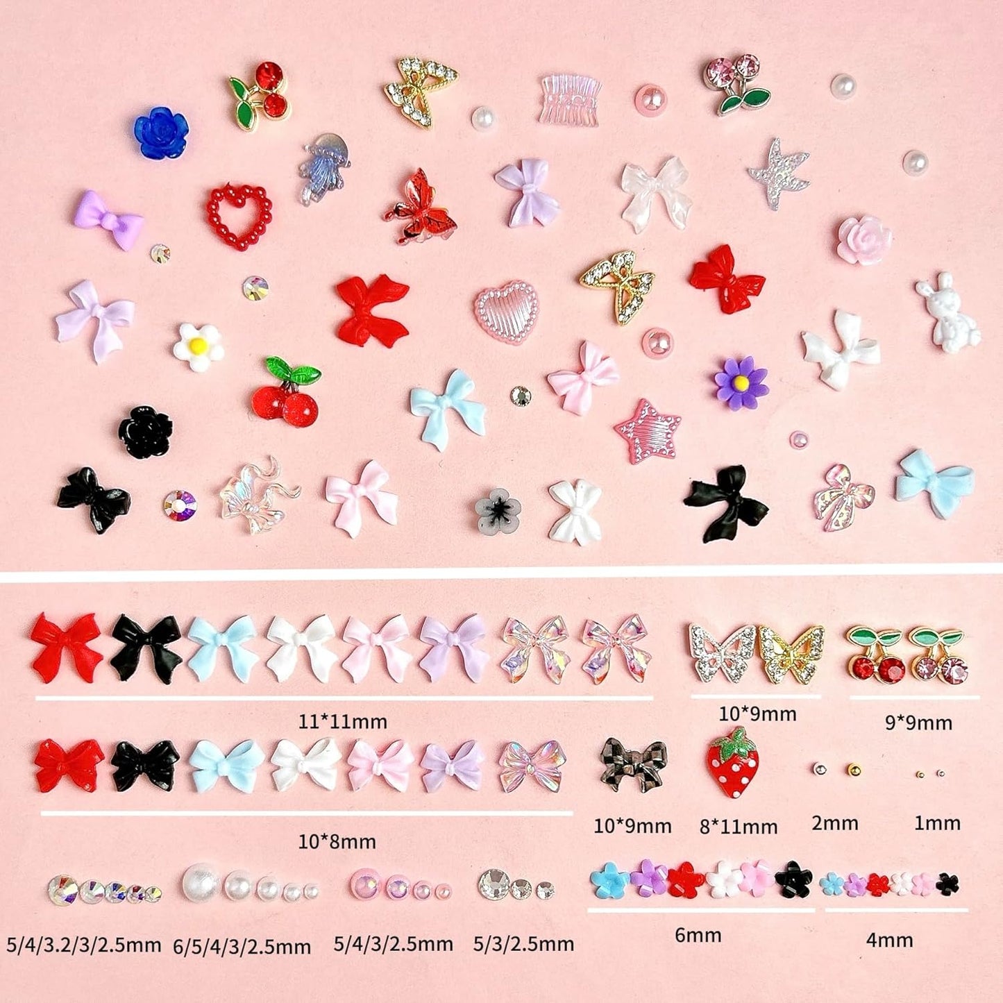 3D Flowers Nail Charms Y2K Kit, Metal Butterfly Cherry Colorful Bow Charms for Nails Art Gems, White and Pink Bows Pearls Charms for Nail Manicure DIY Crafts Jewelry Accessories-BrightBean Baby