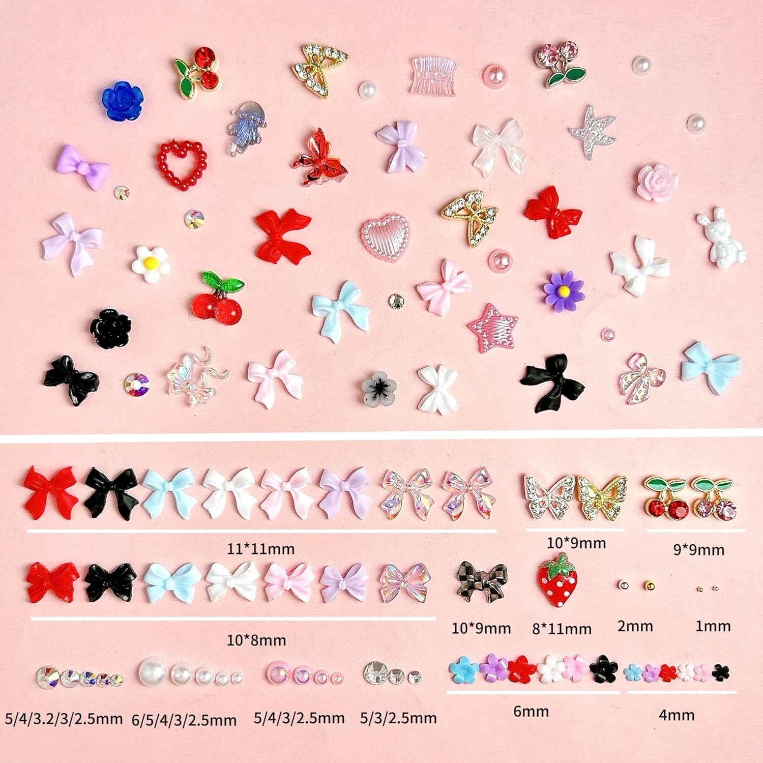 3D Flowers Nail Charms Y2K Kit, Metal Butterfly Cherry Colorful Bow Charms for Nails Art Gems, White and Pink Bows Pearls Charms for Nail Manicure DIY Crafts Jewelry Accessories-BrightBean Baby