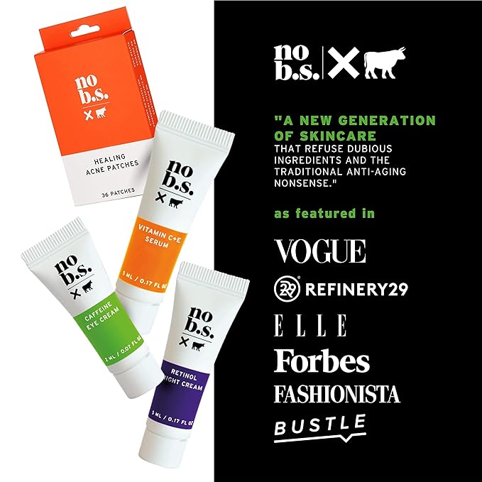 No B.S. (No Bad Stuff) Skincare Minis Kit, Vitamin C & E Serum with Hyaluronic Acid, Retinol Night Cream, Caffeine Eye Cream & Invisible, Waterproof Acne Patches, 4 Product Trial Size-BrightBean Baby
