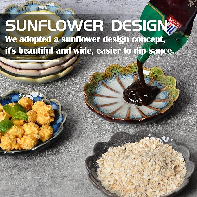 Ceramic Dipping Bowls Set of 8, 3 oz Sauce Cups, Chrysanthemum Round Small Side Dish for Sushi, Tomato, Soy Sauce, Condiment Finger Bowls